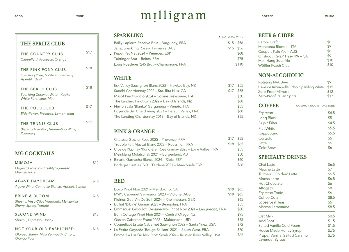 Menu – Milligram Cafe